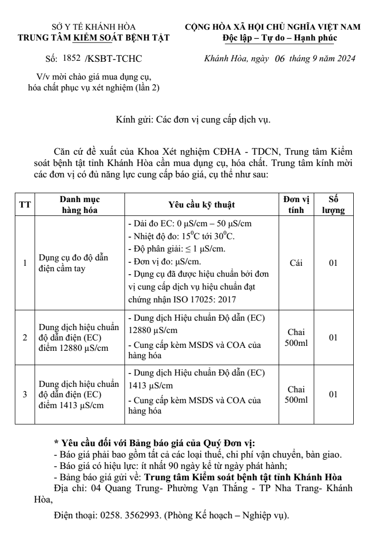 Mời chào giá mua dụng cụ, hóa chất phục vụ xét nghiệm (lần 2)